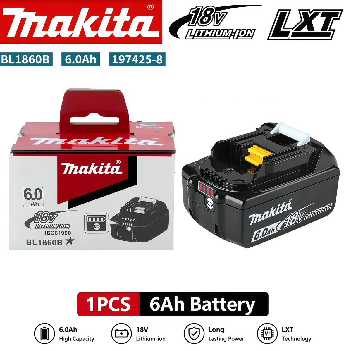 Genuine BL1860B 18V 6.0Ah Li-ion Battery for Makita 18V LXT Cordless Drill Driver Wrench Saw Power Tool with LED Indicator