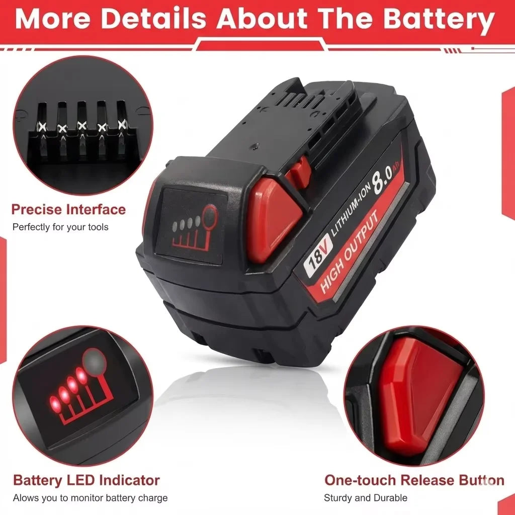 8.0Ah Replacement Battery Compatible with Milwaukee M18 18V 