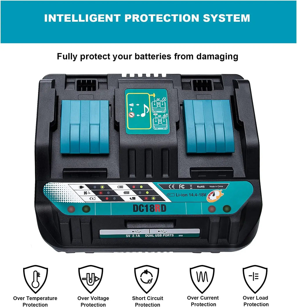 Dual Ports Lithium Battery Charger for Makita 14.4V-18V LXT 
