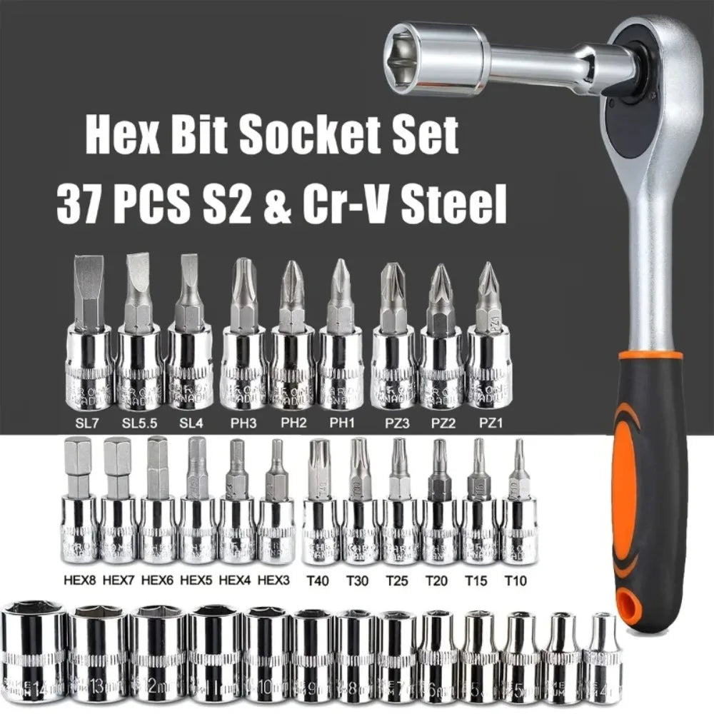 Hot 46Pcs 1/4 Drive Socket Wrench Set Ratchet Screwdriver & 