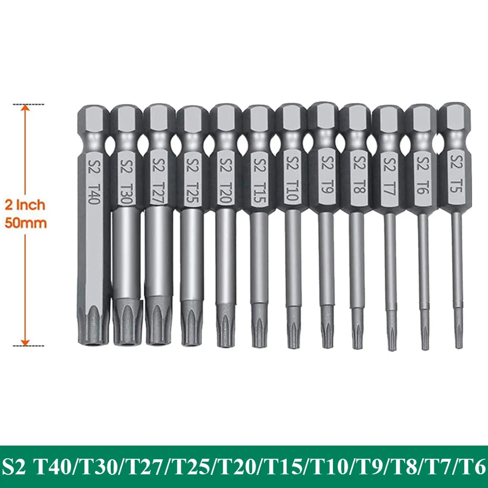 11PCS Torx Head Screwdriver Bit Set Magnetic 1/4 Hex Shank S2 Steel 3 Inch Long Drill Bits Security Torx Bits T6-T40 50/100mm