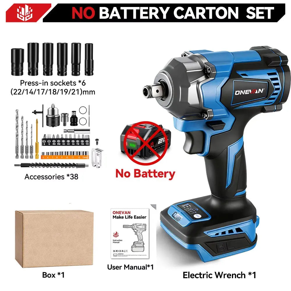 ONEVAN 1200N.M Brushless Electric Impact Wrench Cordless Screwdriver Car Repair Power Tool With Socket Set For Makita BatteryPin