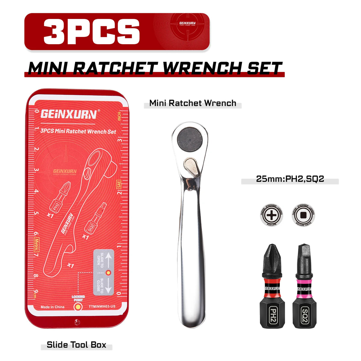 Geinxurn Mini Ratchet Screwdriver Set S2 Screwdriver Impact Magnetic Bit Holder 1/4 Wrench Push-Pull Case for Repair and DIY