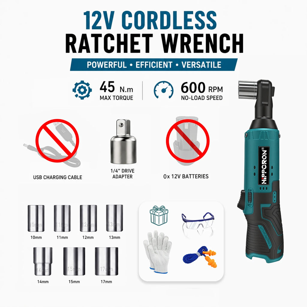 Hippcron 12V Cordless Electric Ratchet Wrench with 3/8 Ratchet Tool Kit with USB Charger LED Light Rechargeable Power Tool
