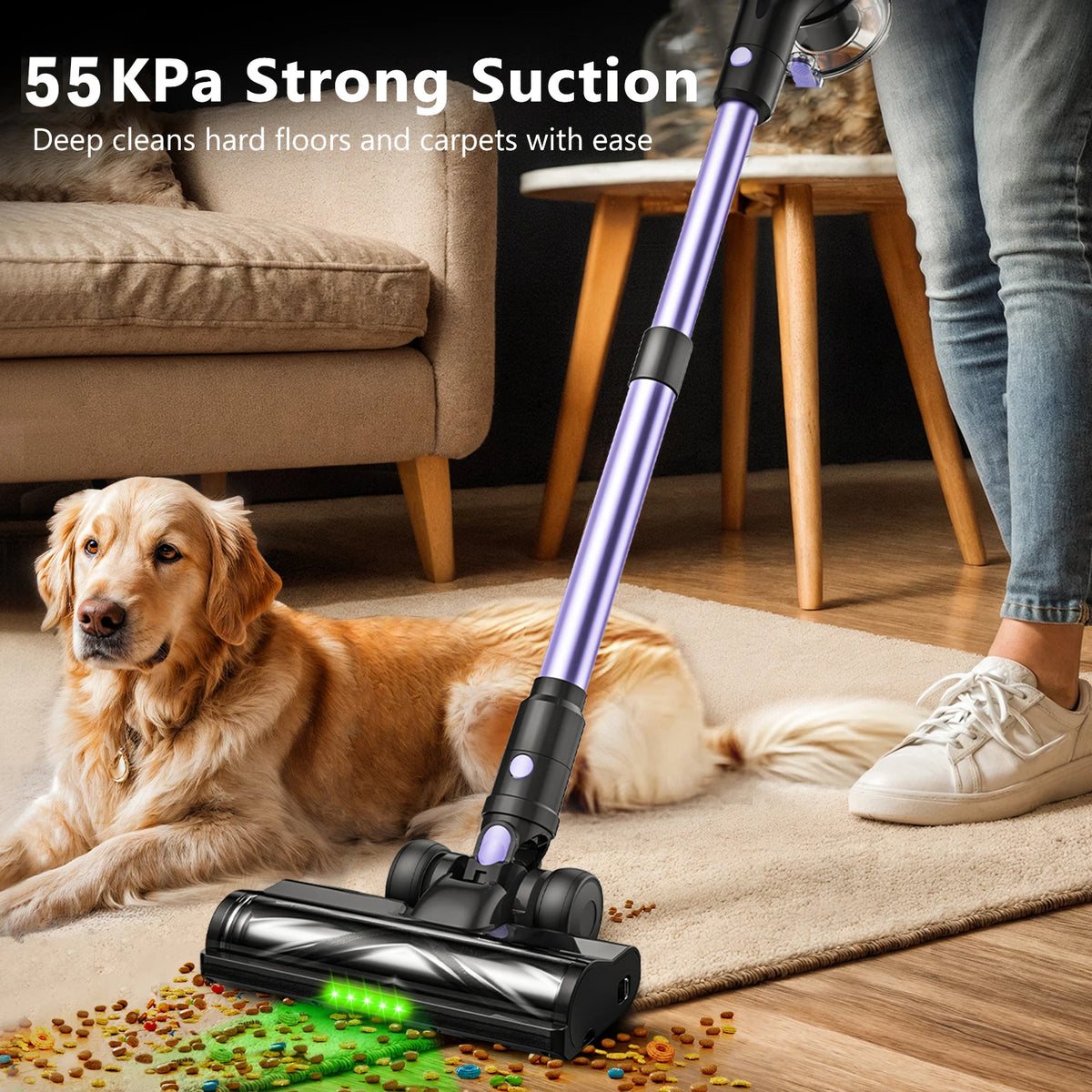 500W/55KPA Self-Standing Cordless Vacuum Cleaner 60 Mins Han