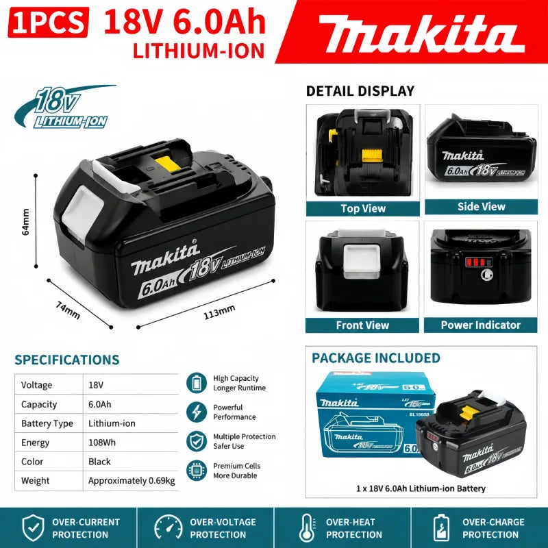 Genuine 6AH Makita BL1860 6ah Battery Power Tools Li-ion Rep