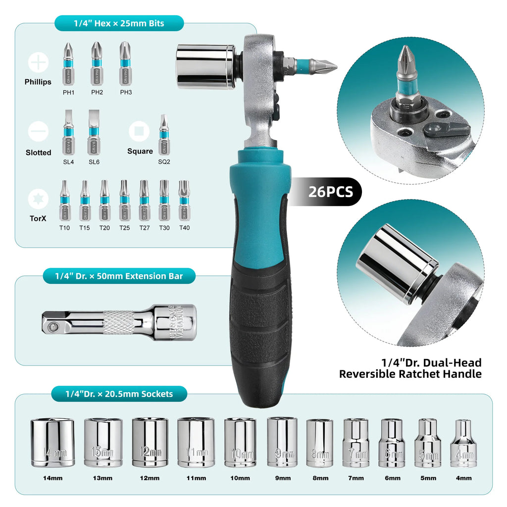 LIBRATON 26PCS 1/4 Dual-Drive Ratchet Wrench Set with Metric