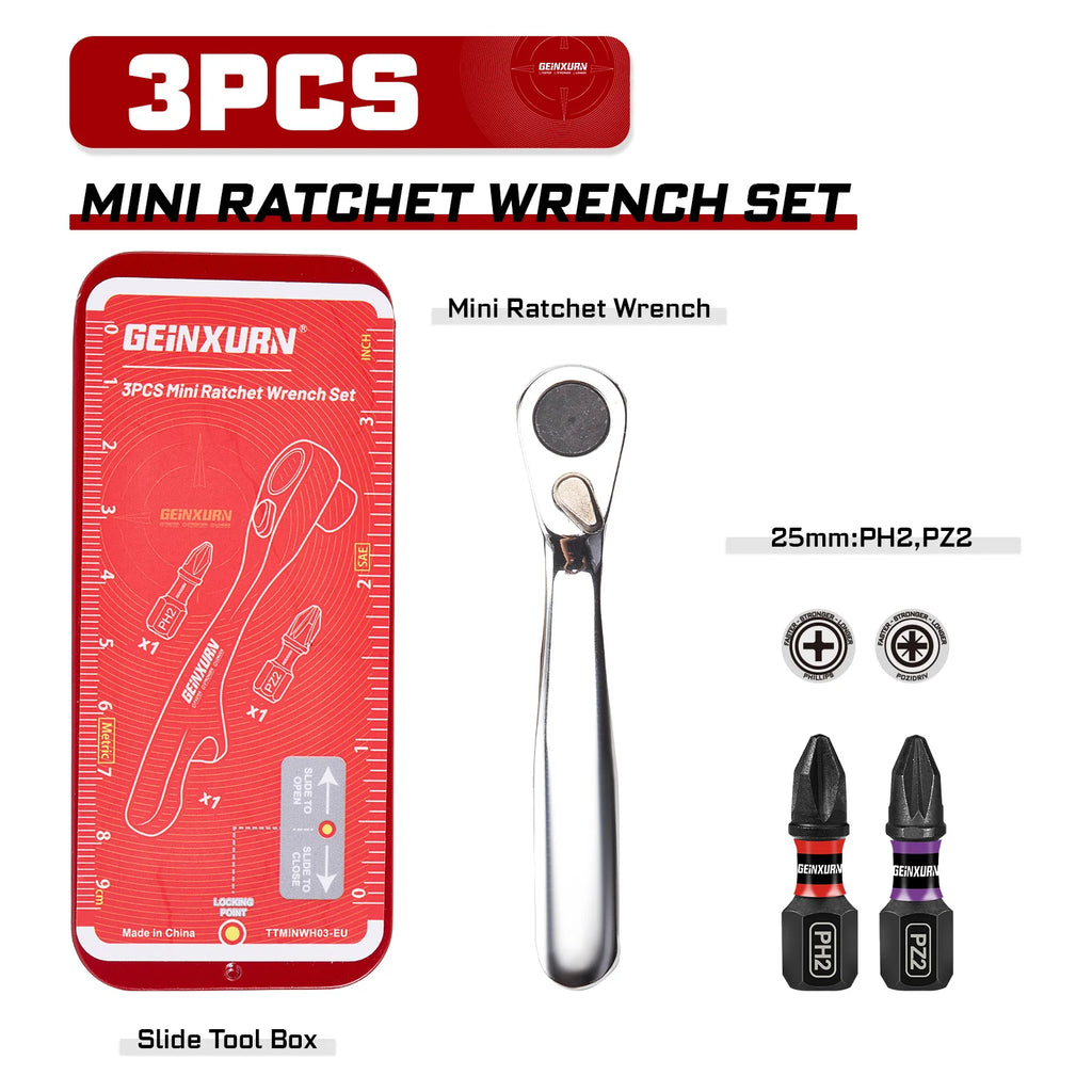 Geinxurn Mini Ratchet Screwdriver Set S2 Screwdriver Impact Magnetic Bit Holder 1/4 Wrench Push-Pull Case for Repair and DIY