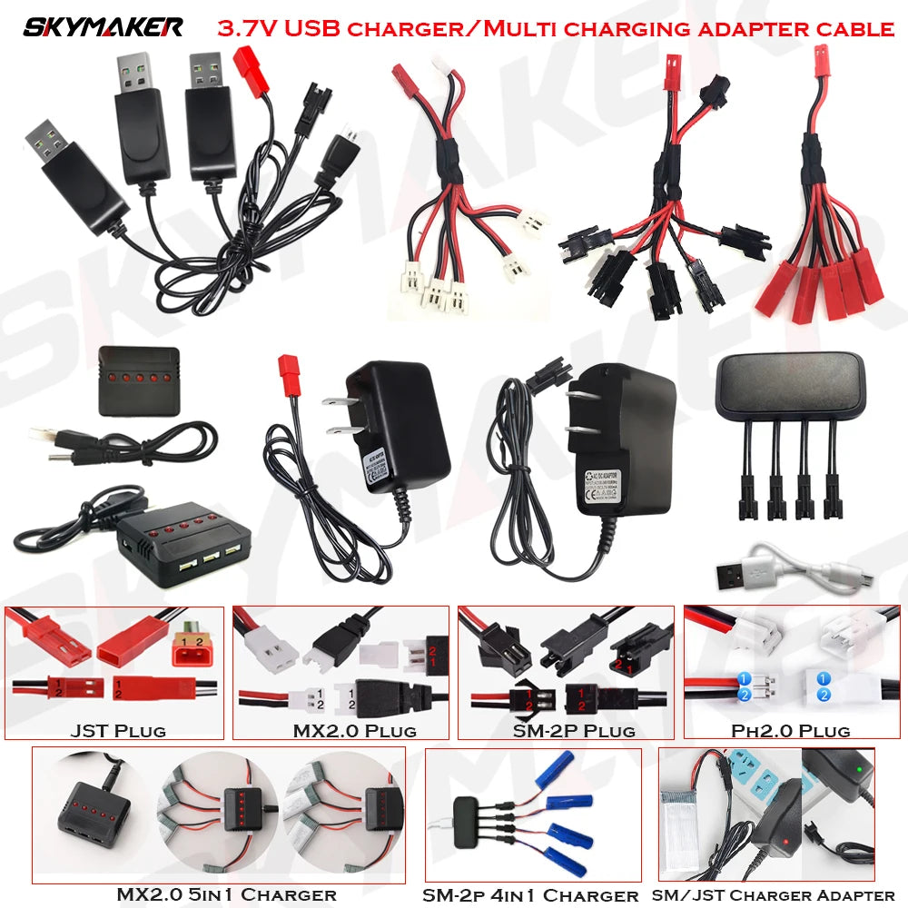 Lipo Battery 1s 3.7v USB Charger Cable JST MX2.0 SM-2P For S