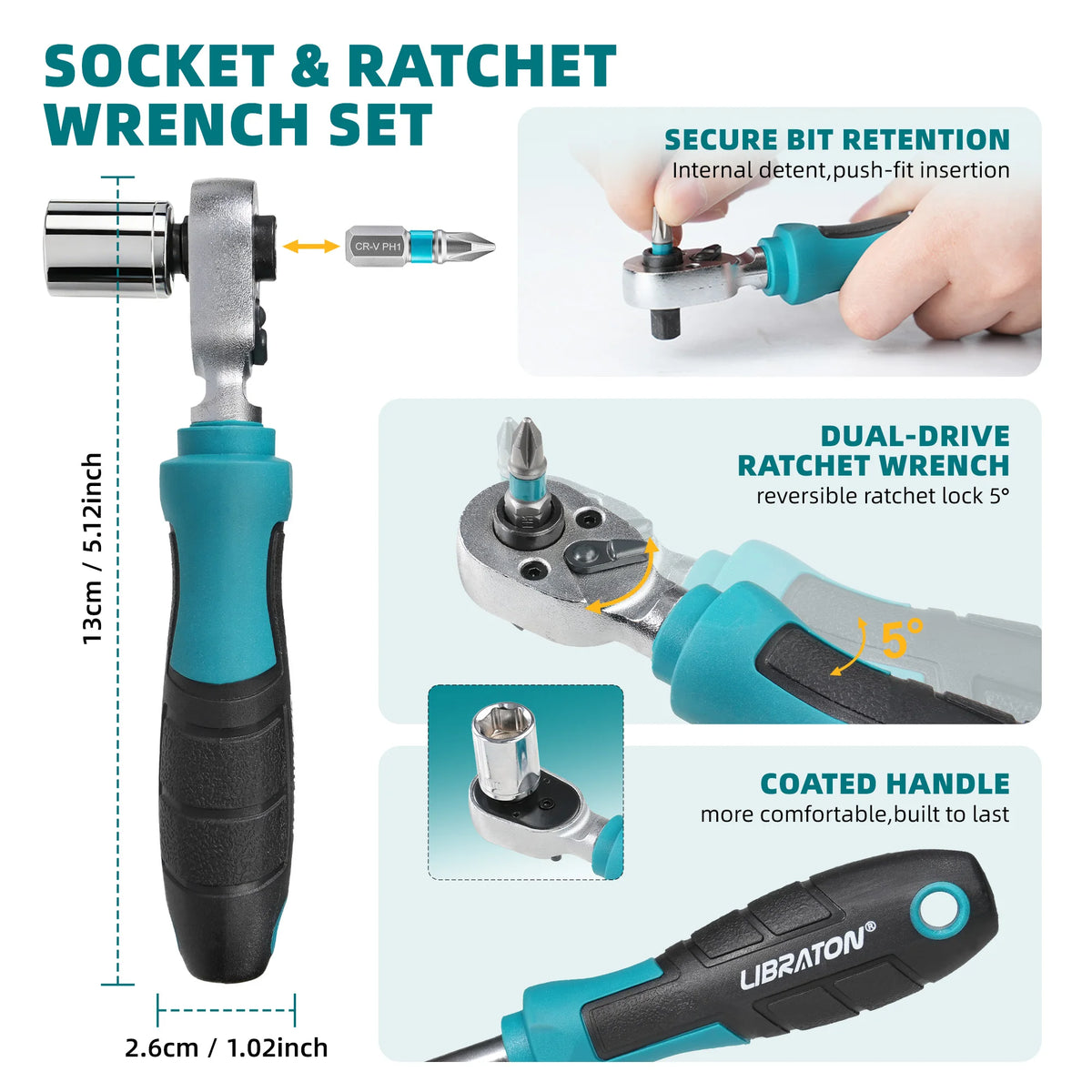 LIBRATON 26PCS 1/4 Dual-Drive Ratchet Wrench Set with Metric