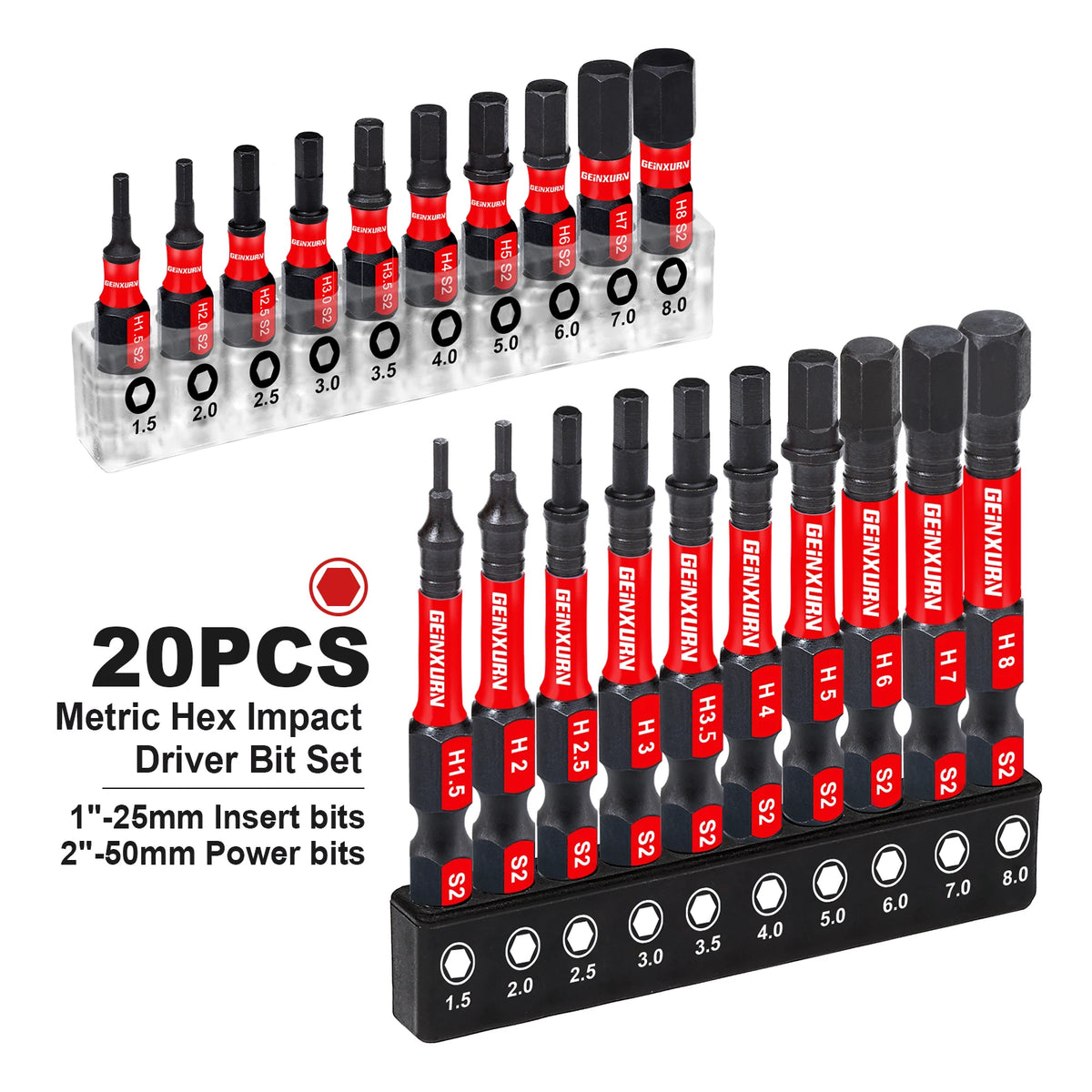 GEINXURN 1 In./2In Metric Hex Head Impact Tough Magnetic Bits Set S2 Steel Hex Screwdriver Bit Set with Base