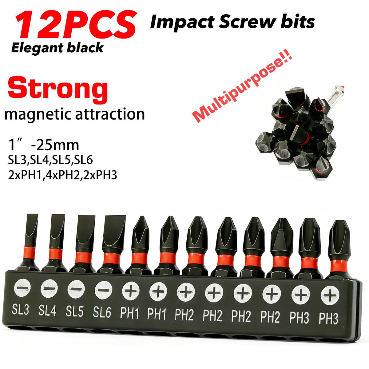 12/24 Pieces of Ph/Sl High-Strength Impact-Resistant Screwdriver Bit Set 25/50mm S2 Alloy Steel with Strong Magnetism Suitable for Power Tools