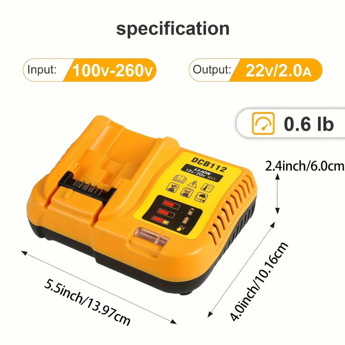 Fast battery charger for Dewalt 12V/20V compatible with 12V 