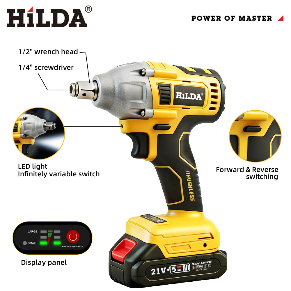HILDA 1/2 Brushless Impact Wrench 1200N.m High Torque Electr