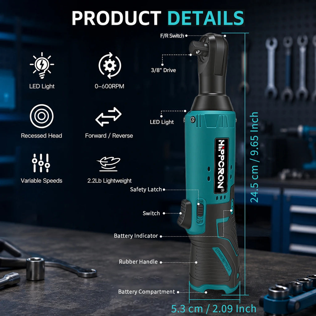 Hippcron 12V Cordless Electric Ratchet Wrench with 3/8 Ratch