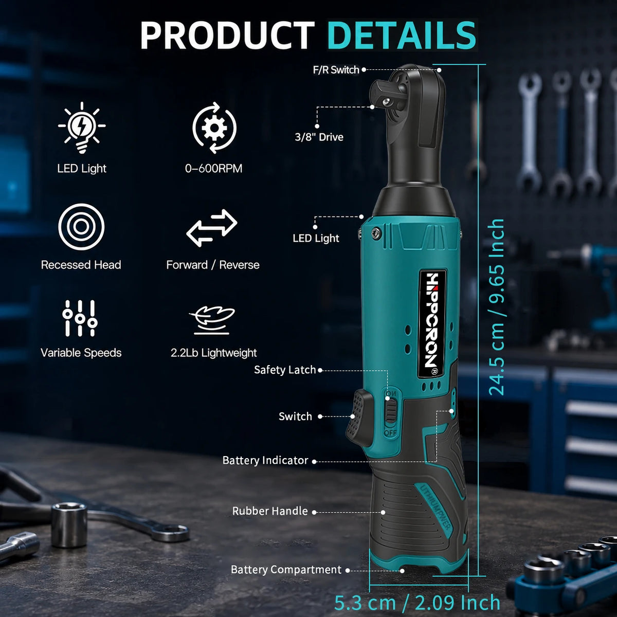 Hippcron 12V Cordless Electric Ratchet Wrench with 3/8 Ratch