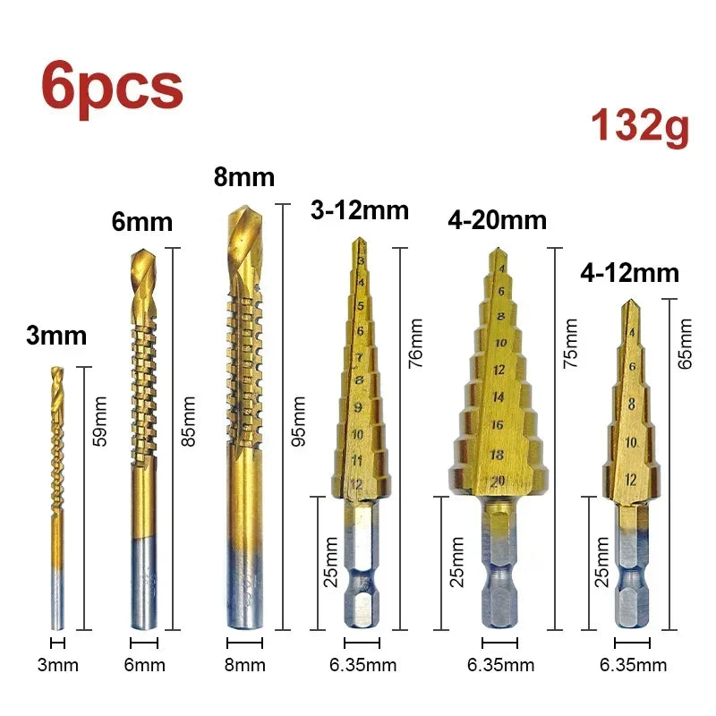 6Pcs Step Saw Drill Bit Set HSS Titanium Drill Bits Kit for Metal Iron&Wood 4-12 4-20 4-32mm 3 6 8mm Drilling Hole Cutter Tools