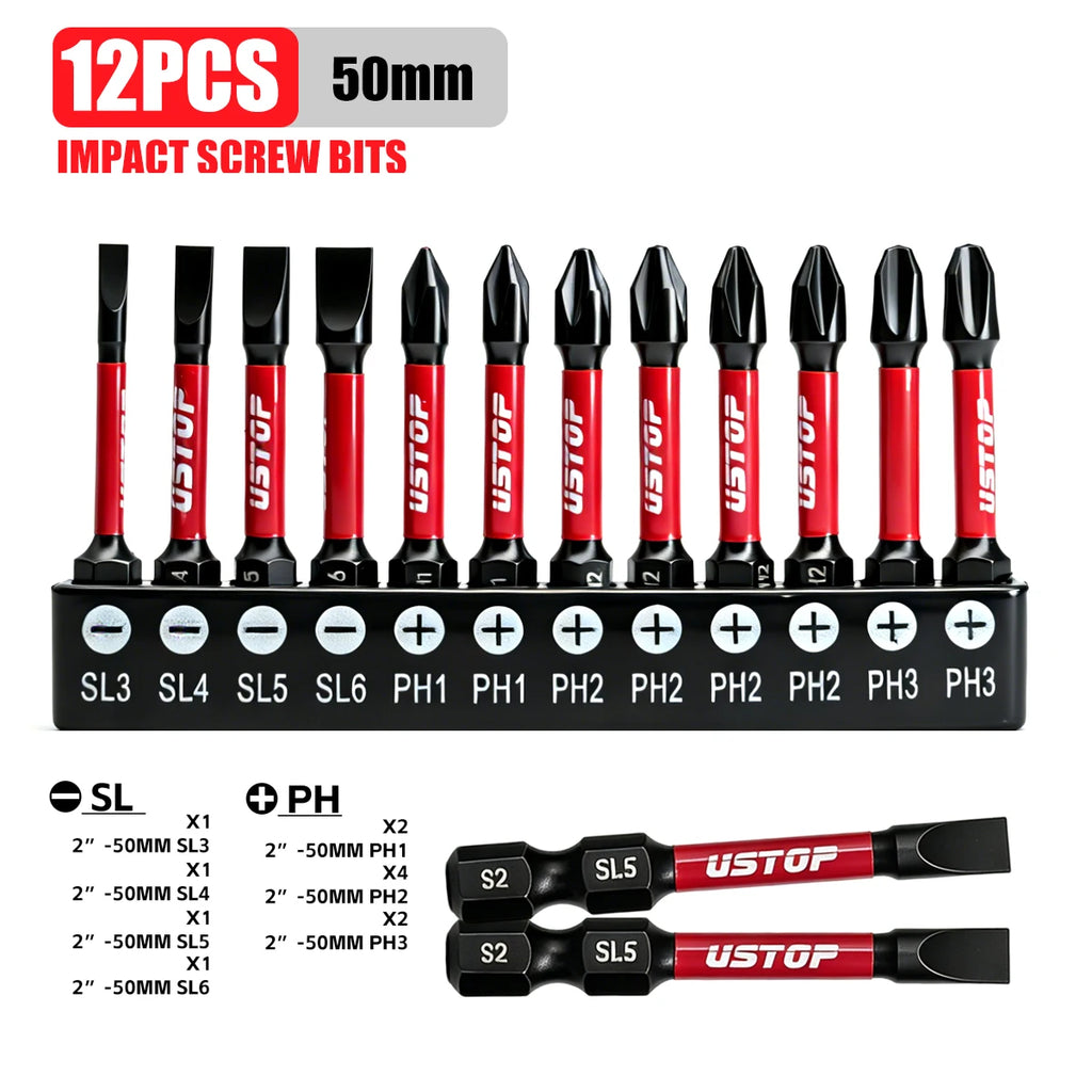 Ustop 12/24 Piece Set of Sl and Ph Impact Screwdriver Bits Ph2/1/3 Sl3/4/5/6 25Mm/50Mm Long and Short Versions Suitable for Various Scenarios Magnetic Bits S2 Steel Material Compatible with Electric D