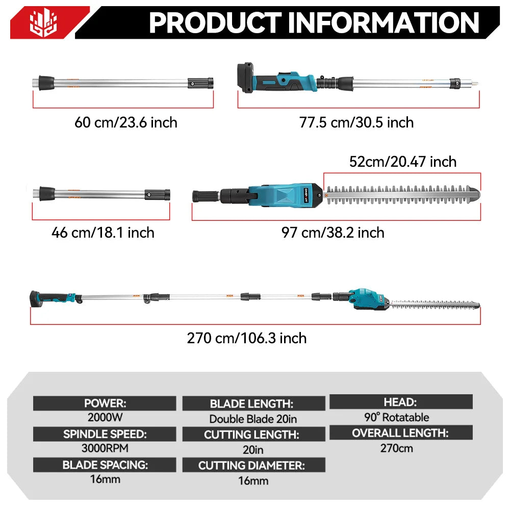 ONEVAN 2000W Electric Hedge Trimmer Cordless Garden Pruning 