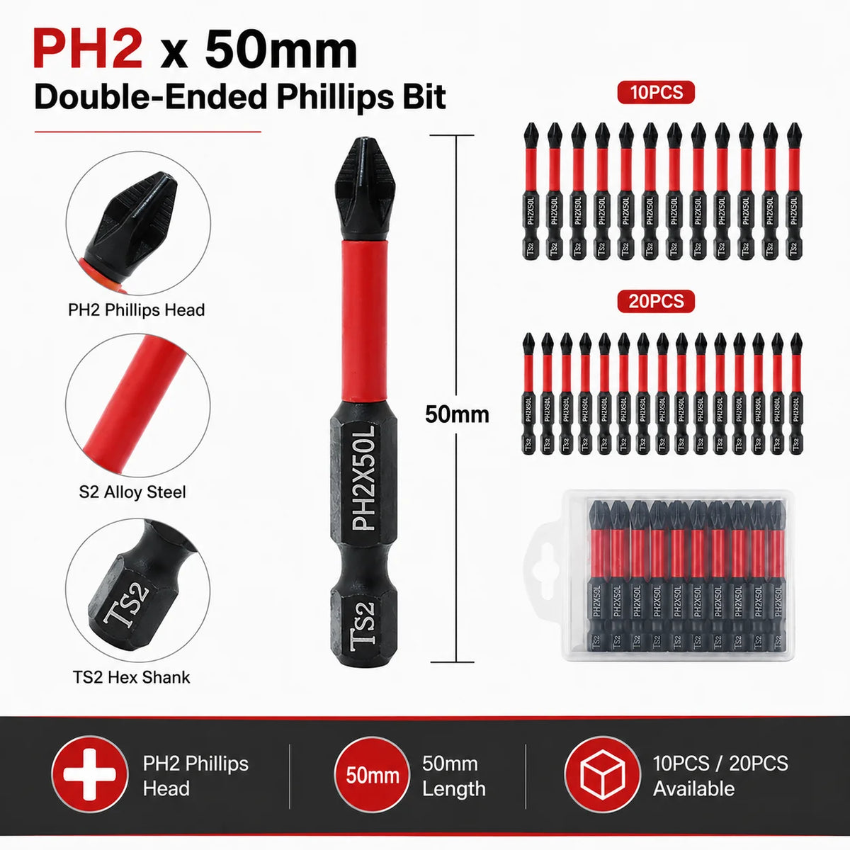 10 20pcs Magnetic PH2 Screwdriver Bits Set 50mm S2 Steel Imp