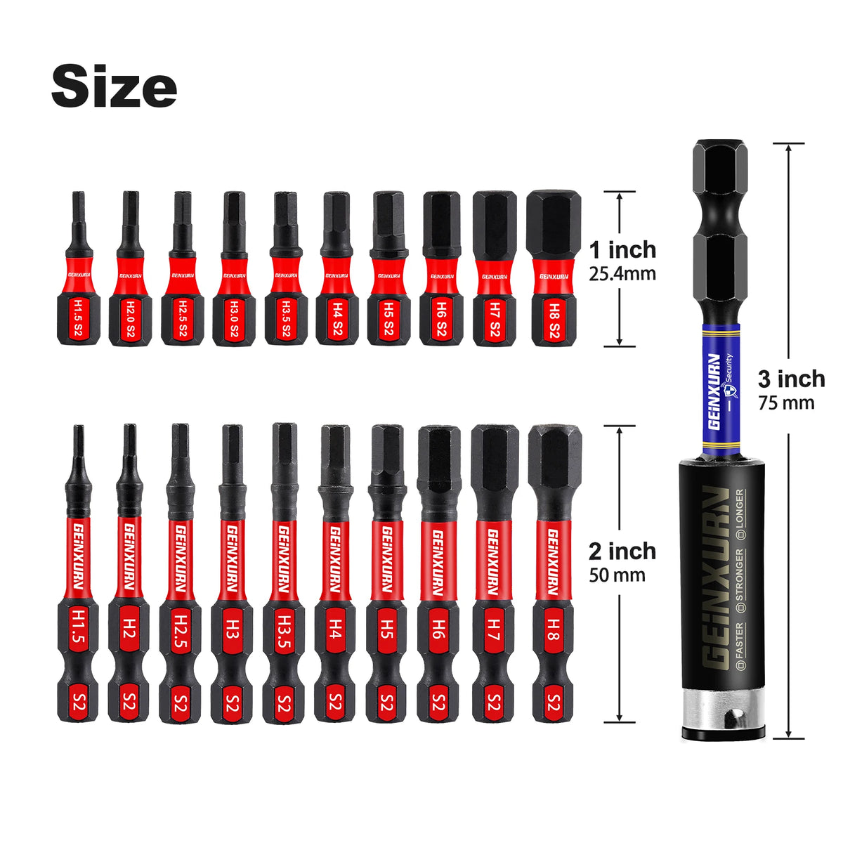 GEINXURN 1 In./2In Metric Hex Head Impact Tough Magnetic Bit
