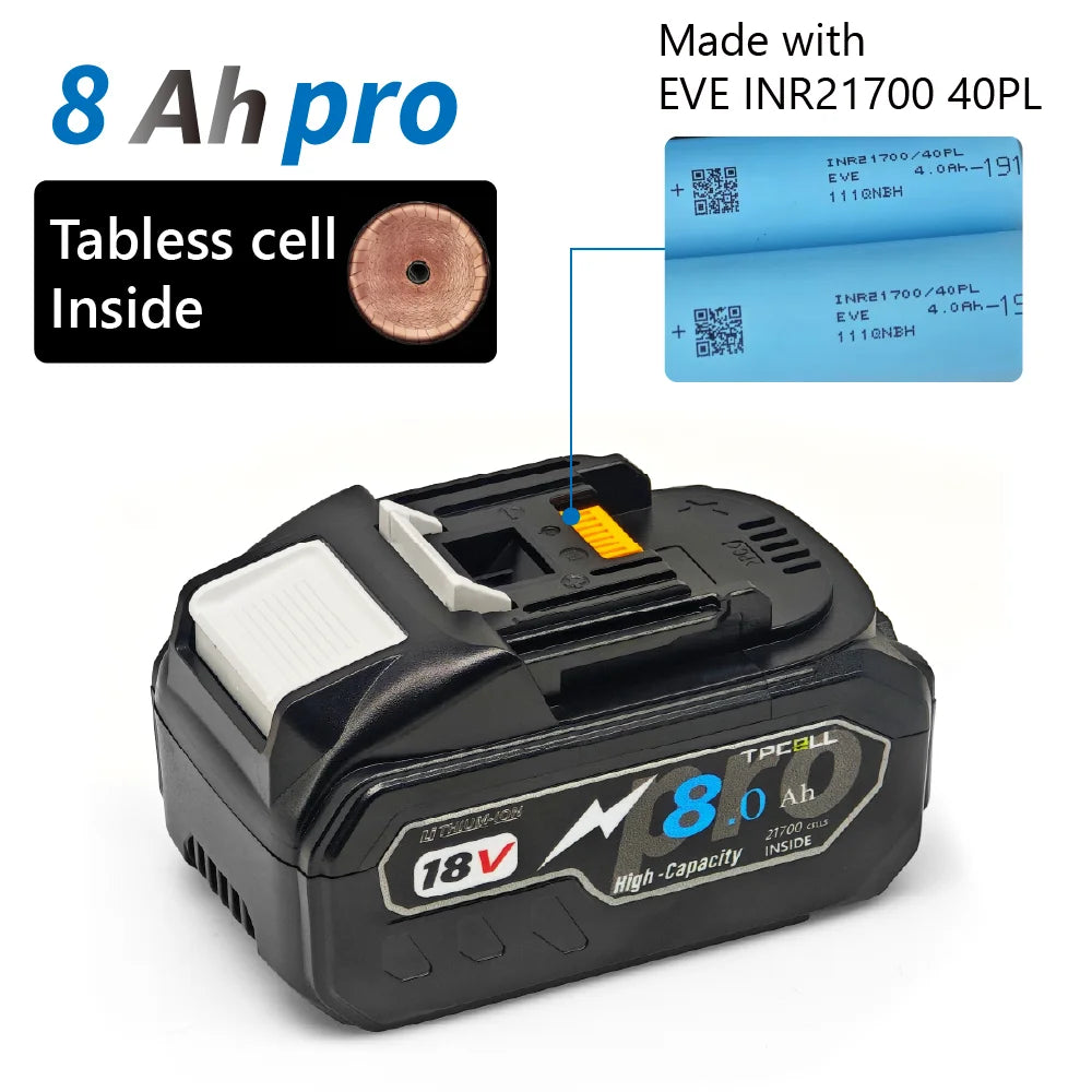 TPCELL Upgraded 8AH/10AH For MKT 18V 21700 Battery Power Tools Li-ion