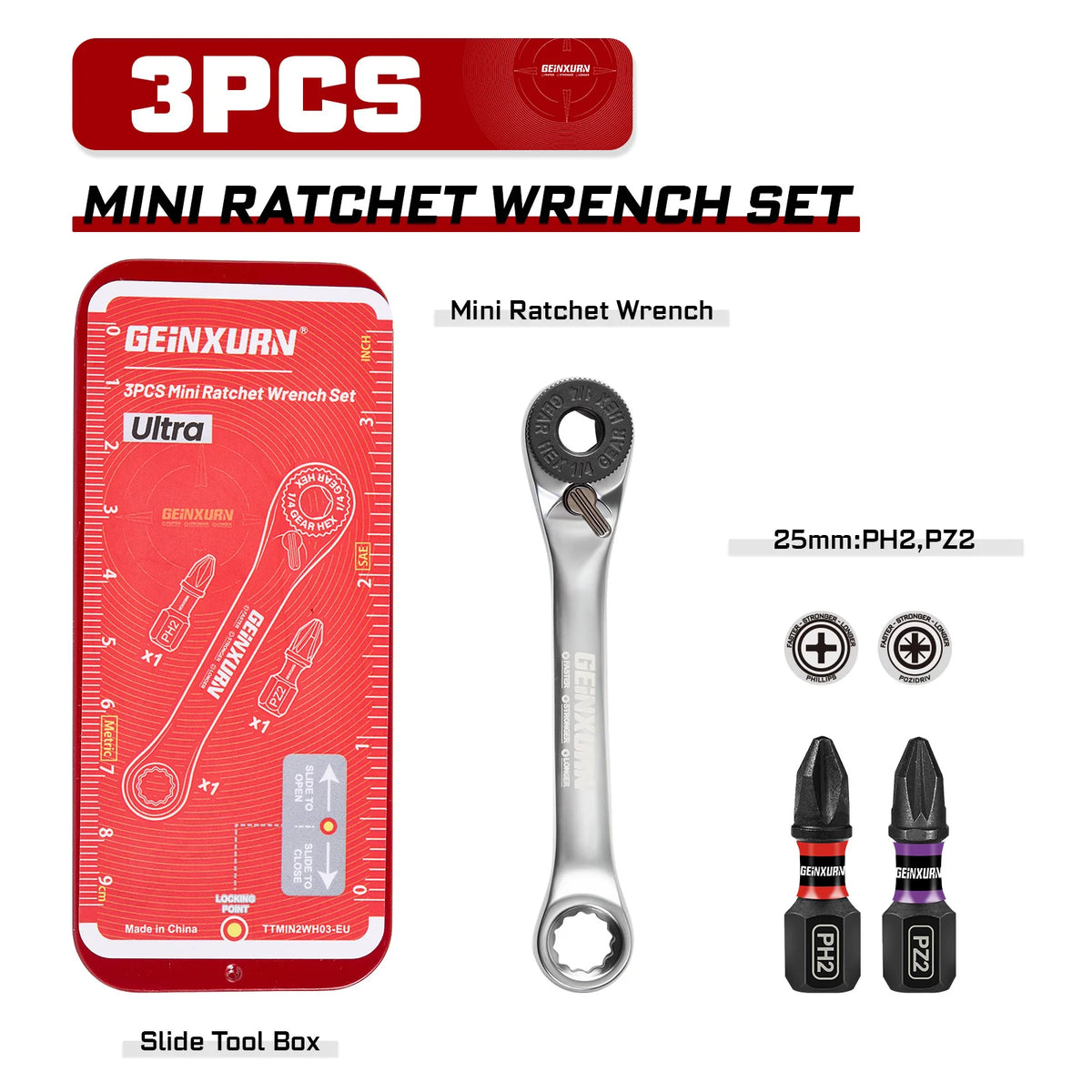 Geinxurn Mini Ratchet Screwdriver Set S2 Screwdriver Impact Magnetic Bit Holder 1/4 Wrench Push-Pull Case for Repair and DIY