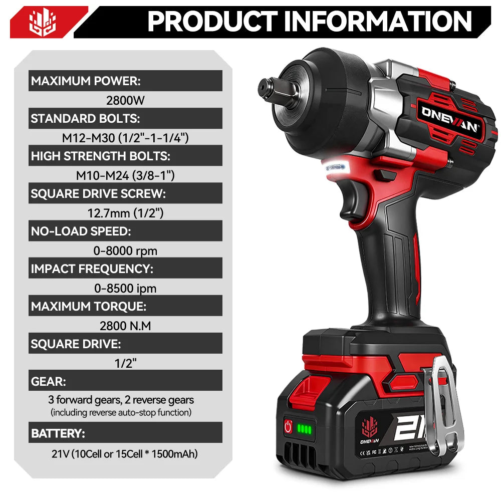 ONEVAN 8000RPM 2800N.M Brushless Electric Impact Wrench Cord