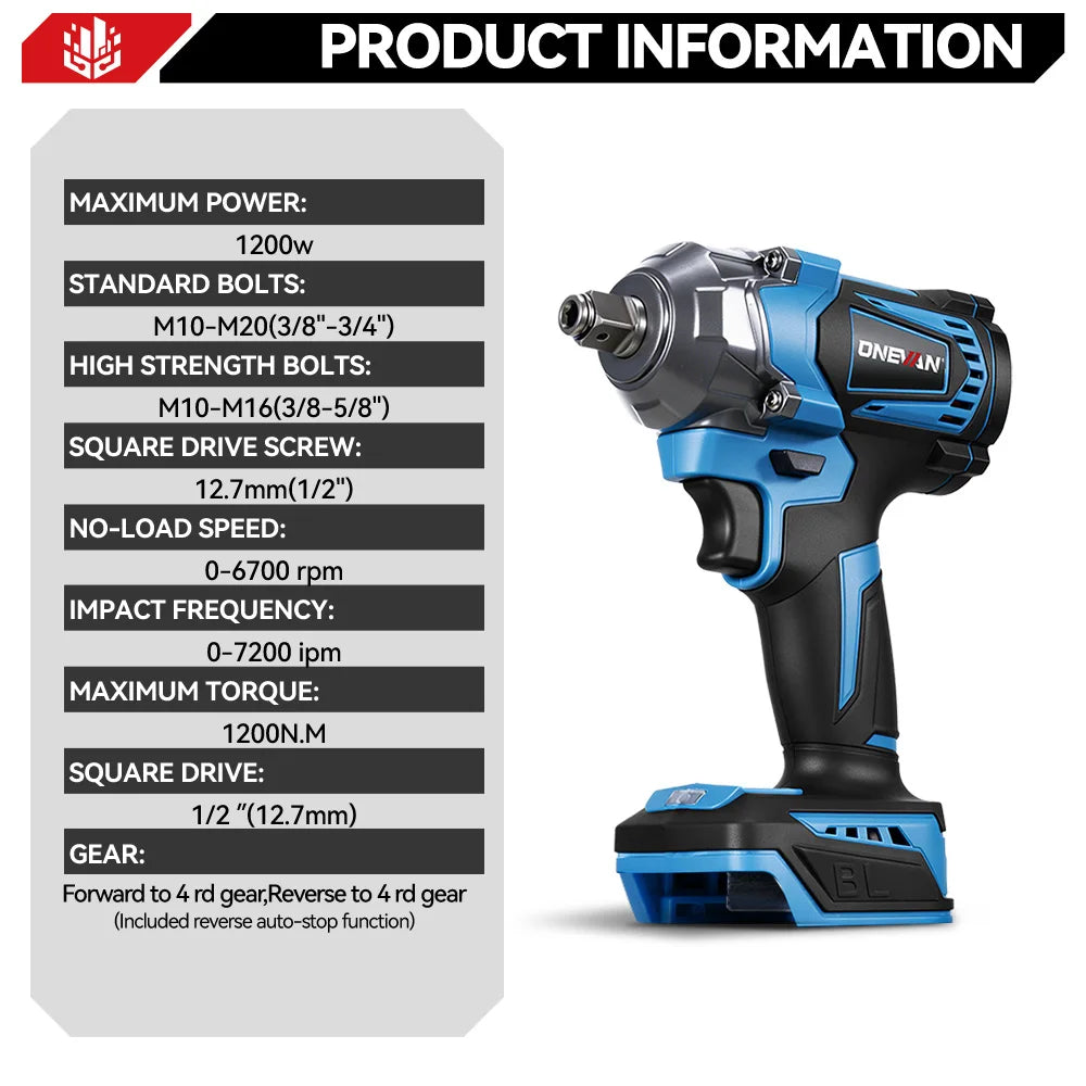 ONEVAN 1200N.M Brushless Electric Impact Wrench Cordless Scr