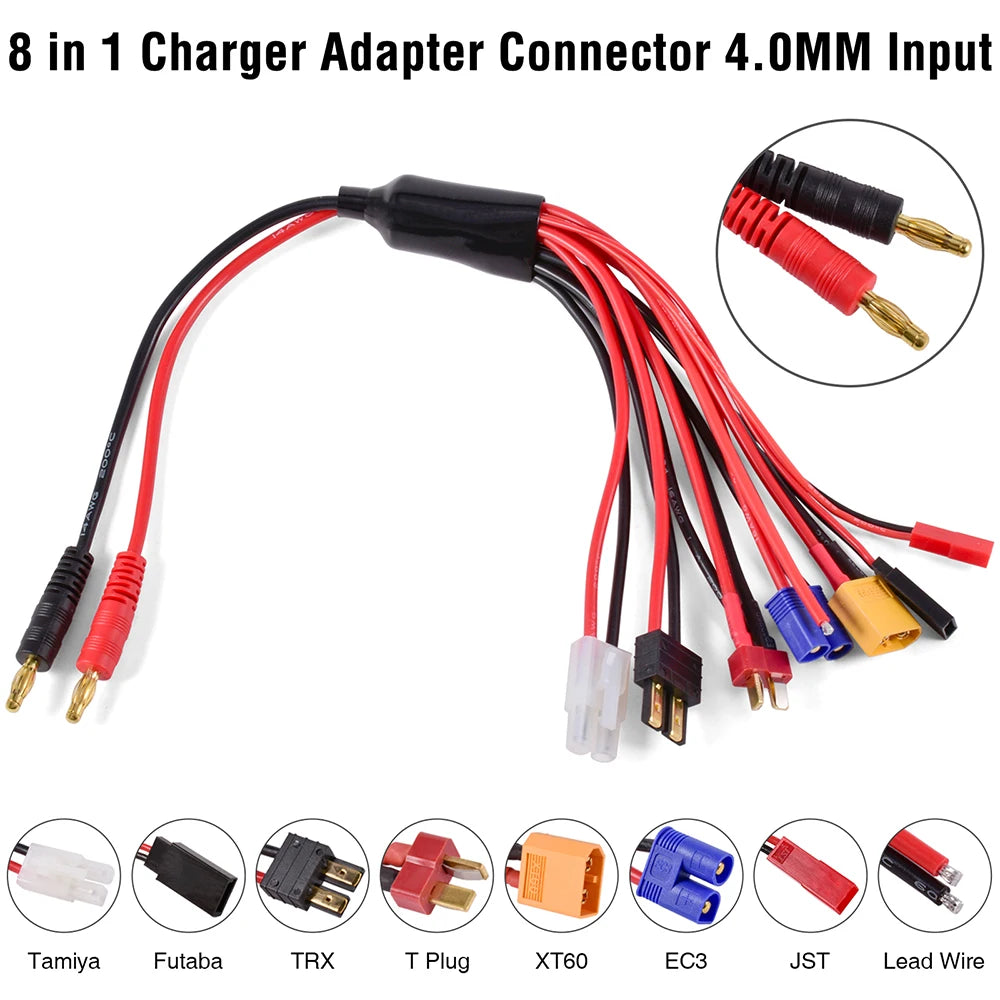 RC Charger Adapter Connector 8 In 1 Charger 4.0mm Banana/XT60 TRX Tamiya Lipo for RC Car Drone Imax B6 B6AC Battery Connector