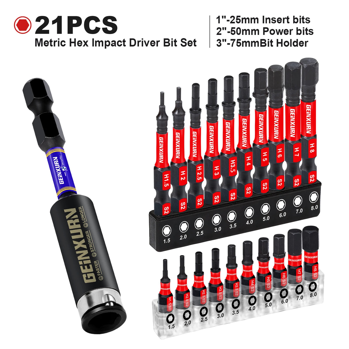 GEINXURN 1 In./2In Metric Hex Head Impact Tough Magnetic Bits Set S2 Steel Hex Screwdriver Bit Set with Base