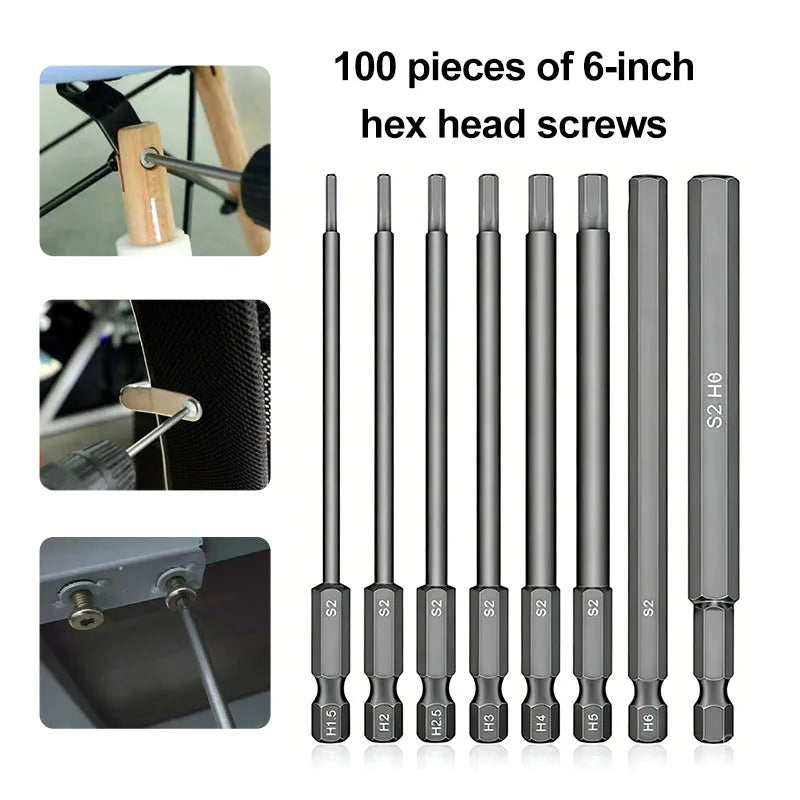 8PC Hexagonal Screwdriver Head Set 100mm Long S2 Alloy Steel