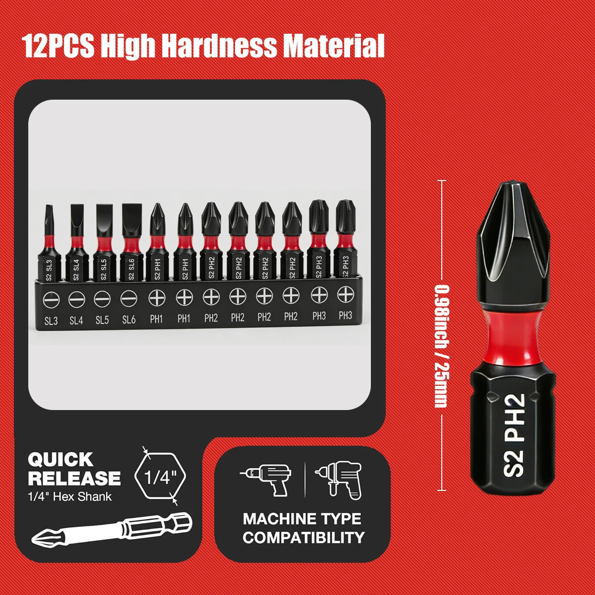 Ustop 12/24 Piece Set of Sl and Ph Impact Screwdriver Bits P