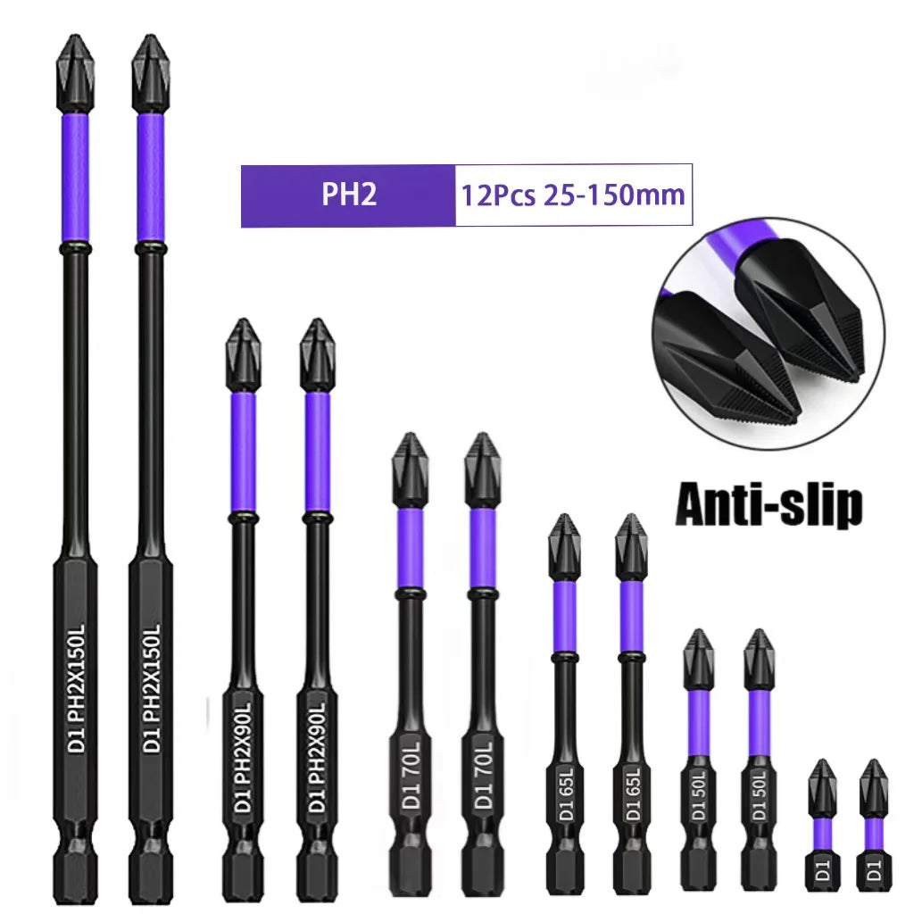 D1 Anti-Slip and Shock-Proof Bits Screwdriver Bits High Hardness Strong Magnetic 25/50/65/70/90/150mm PH2 Screwdriver Set