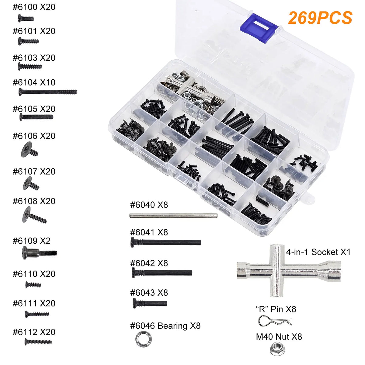 SCY 269-Piece RC Car Tool Kit With Screws Pins Bearings Nuts Body Clips For 16101 16102Pro SG116Pro SG 316MAX Q130 & More