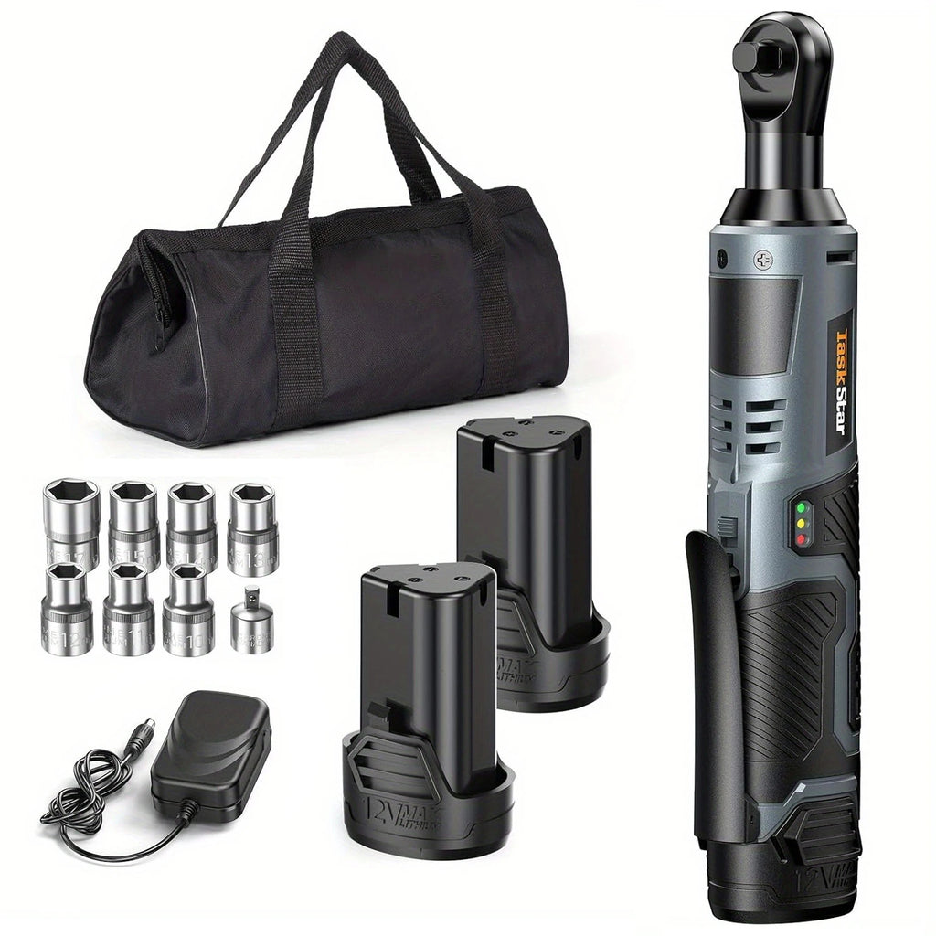 TaskStar Cordless Ratchet Wrench Kit 3/8-inch Ratchet 40N.m(max) Electric Power Angle Wrench with Variable Speed Trigger 0-200 RPM Handheld Car Disassembly Tool with 2 Packs 2000mAh Lithium-Ion Batter