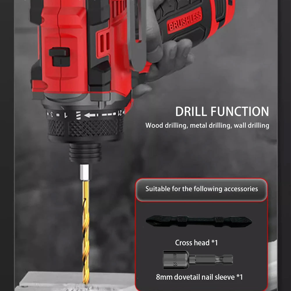 New 18V 80N.m Brushless Cordless Electric Drill Power Tool -