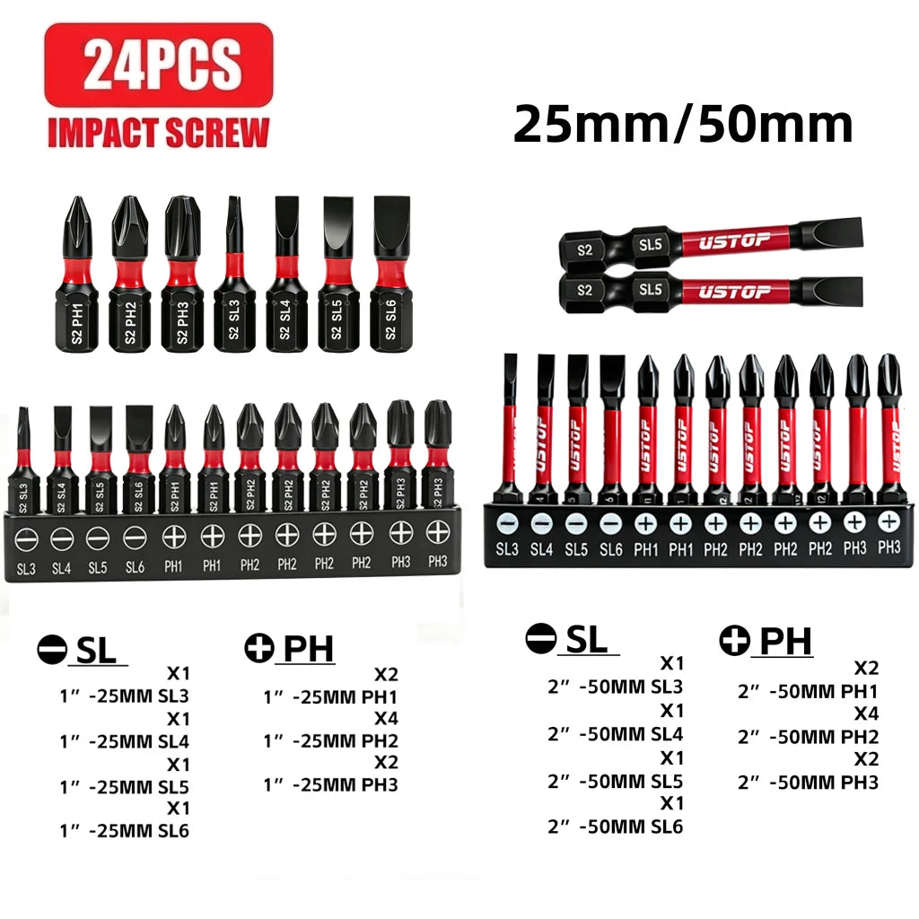 Ustop 12/24 Piece Set of Sl and Ph Impact Screwdriver Bits P
