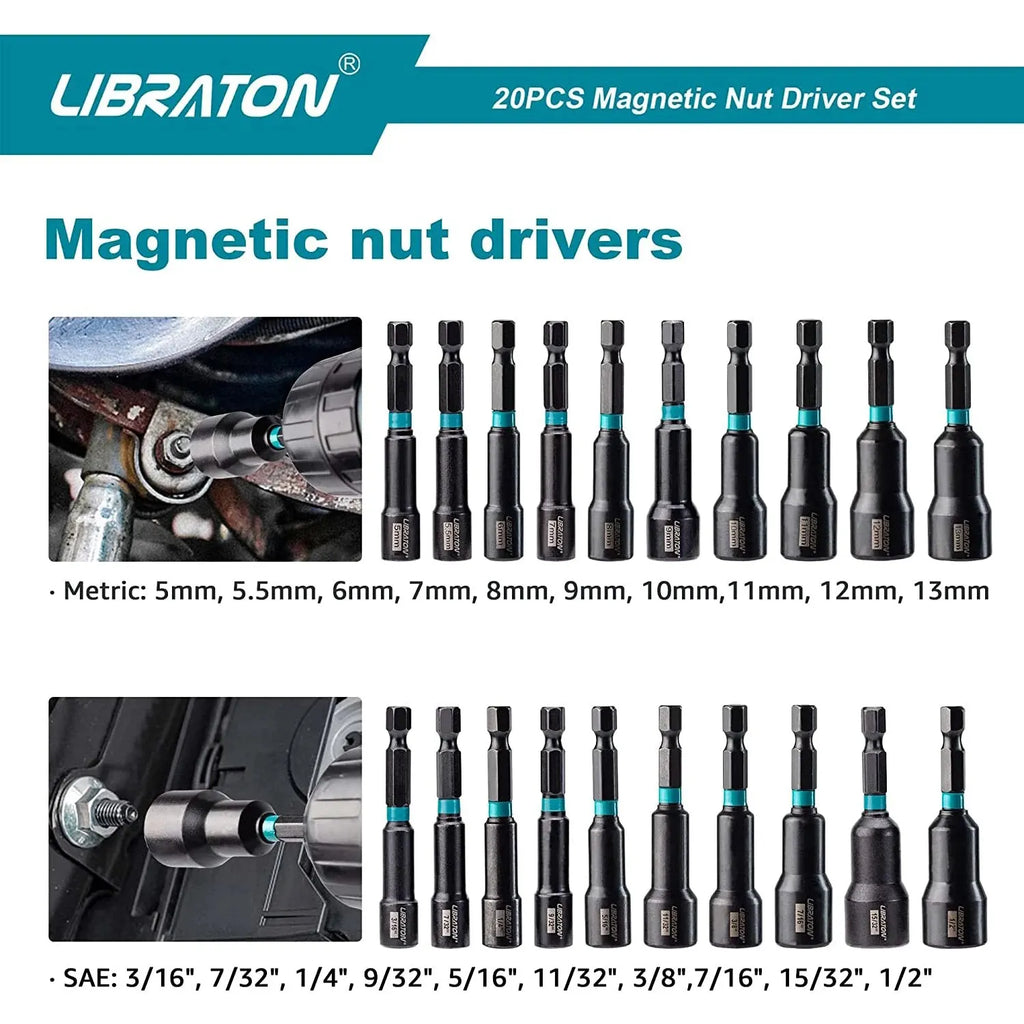 LIBRATON 20PCS Magnetic Nut Driver Set Impact Drill Driver B