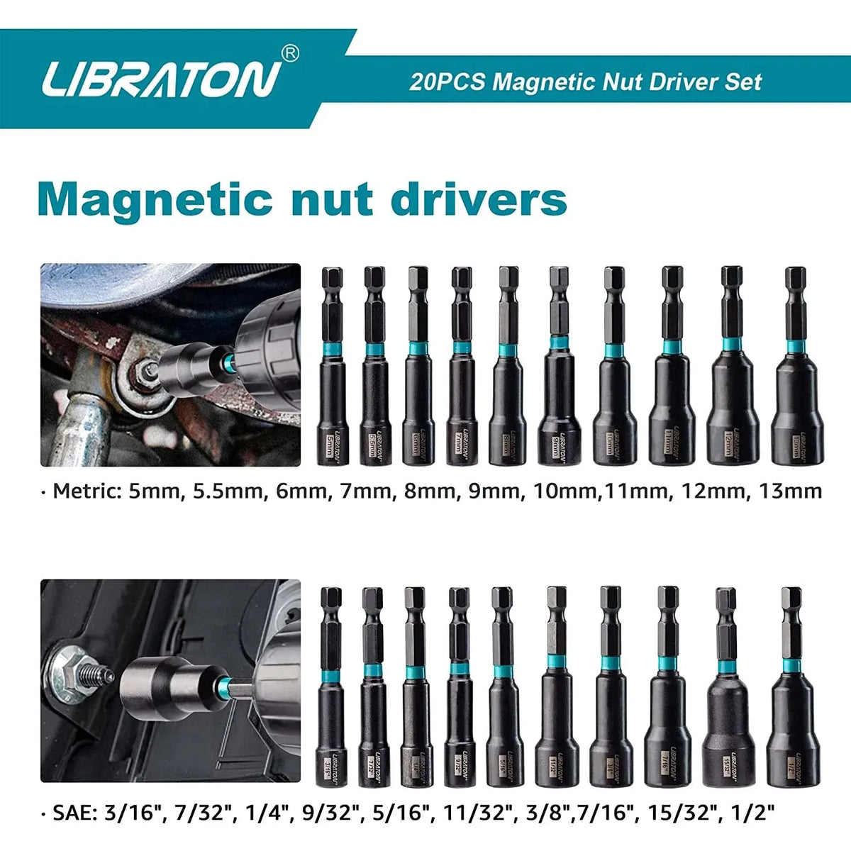 LIBRATON 20PCS Magnetic Nut Driver Set Impact Drill Driver B