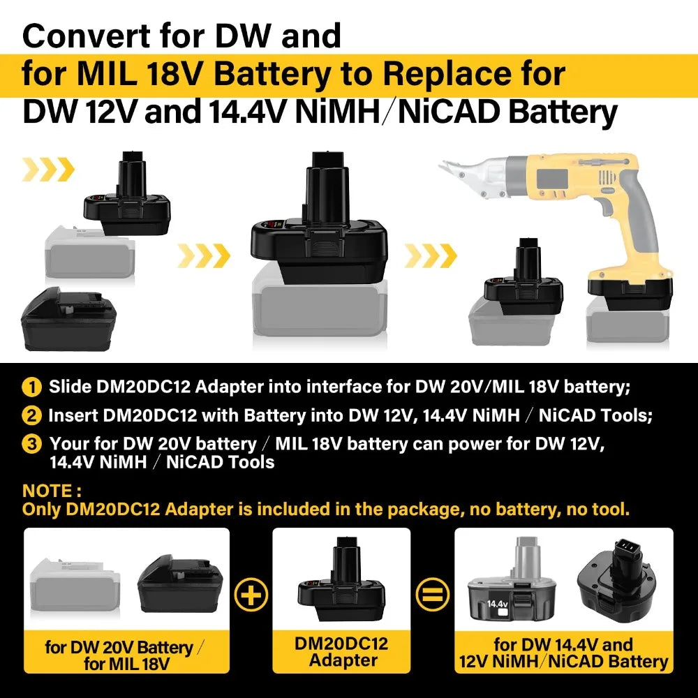 DM20DC12 Battery Adapter for DeWalt 20V for Milwaukee 18V Ba