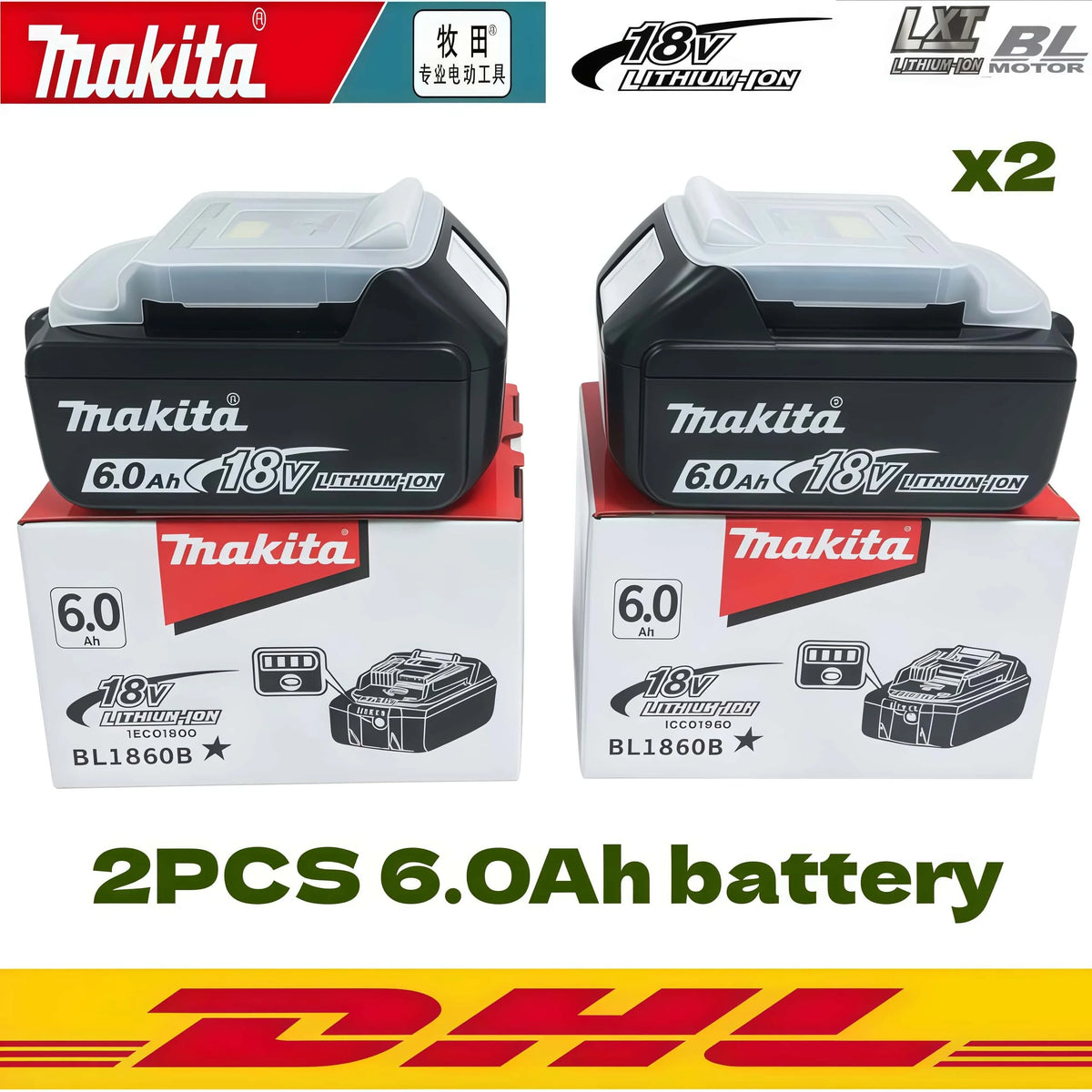 Original Makita 18V Battery 6.0Ah Rechargeable Lithium Rib Battery Replace Makita L1840B L1850B L1860B Power Tool Battery