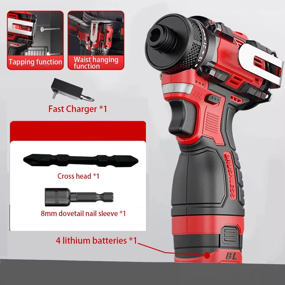 New 18V 80N.m Brushless Cordless Electric Drill Power Tool - Li-ion Battery Knockable Screwdriver Multi-Function Driller