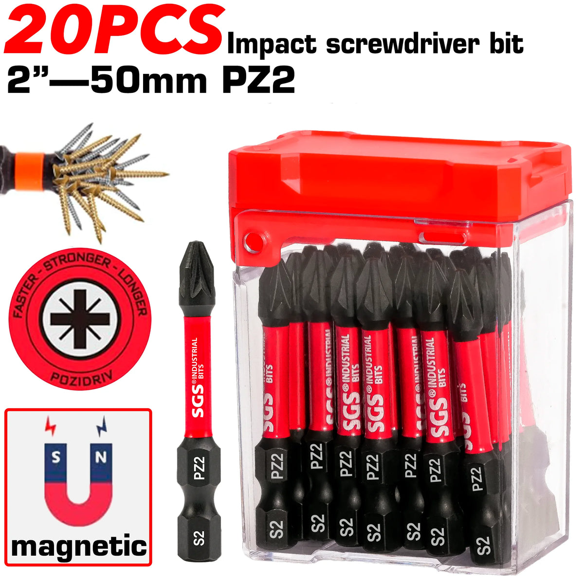 10/15/20 Piece Set of Pz2 Impact Screwdriver Bits S2 Steel Material 2inch (50mm) Pz2 Electric Screwdriver Bit Set Red Durable Storage Box Suitable for Electric Drills / Impact Drivers