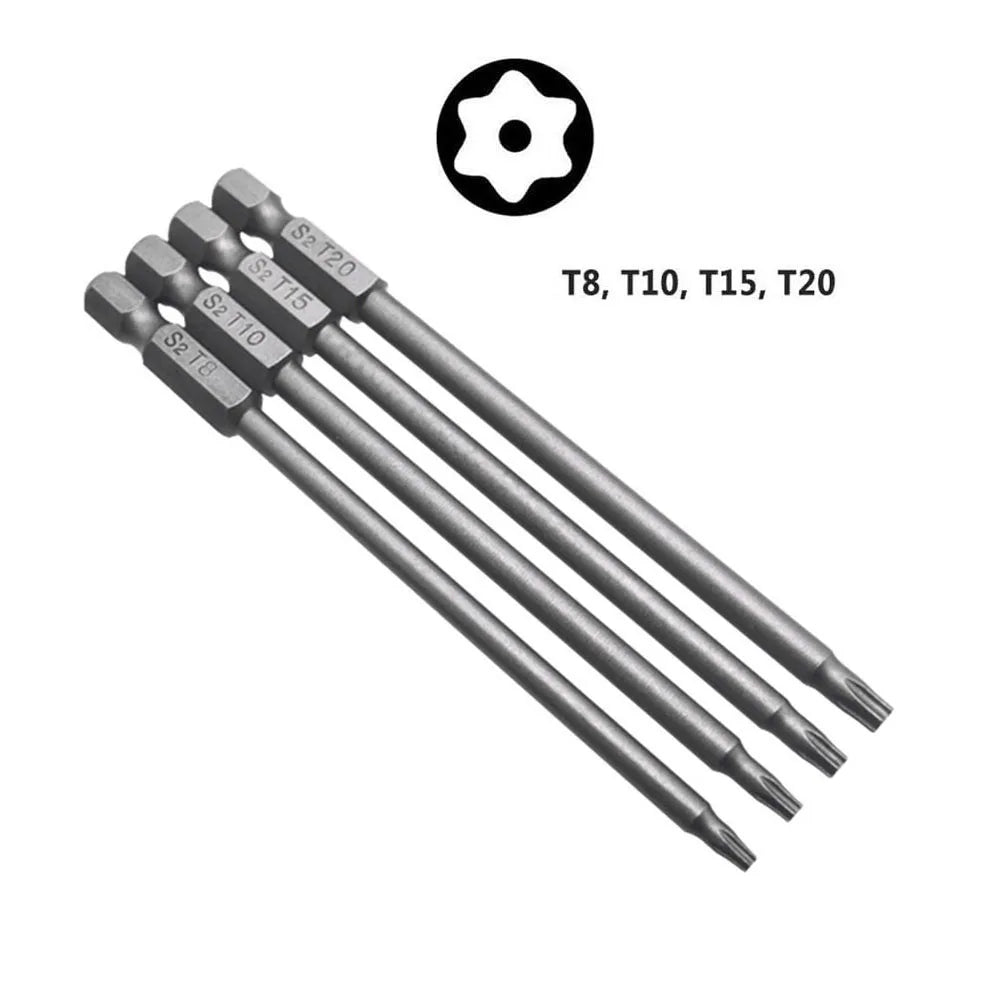 4Pc 1/4inch Hex Shank 100mm Long Screwdriver Bits Set For Torx / Hexagon / Cross / Slotted Hand Tool Alloy Steel