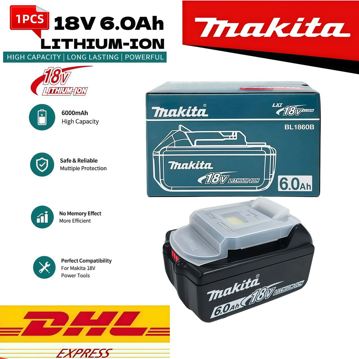 6AH Original Makita 18 V Battery Rechargeable Power Tool Battery Replaceable LED Lithium-ion LXT BL1860B BL1860BL1850 BL1830
