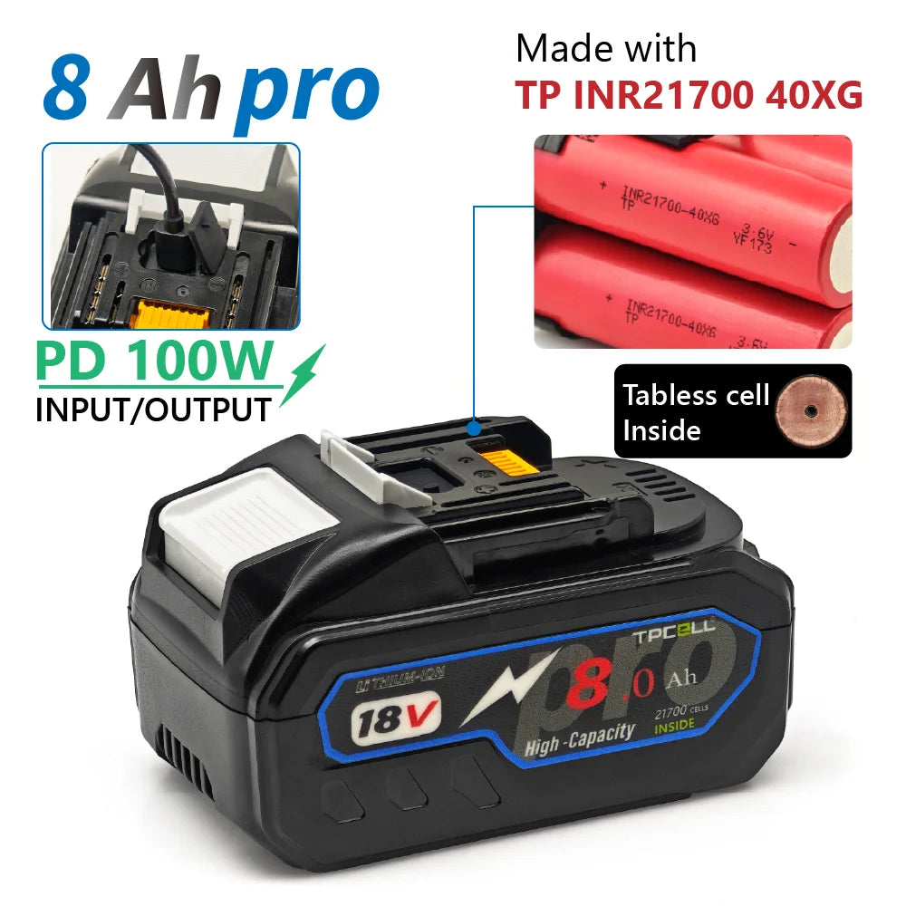 TPCELL PD100W 8Ah/10Ah For MAKITA 18V with USB-C Connector 21700 Tabless Cells Replacement Battery Power Tools Li-ion