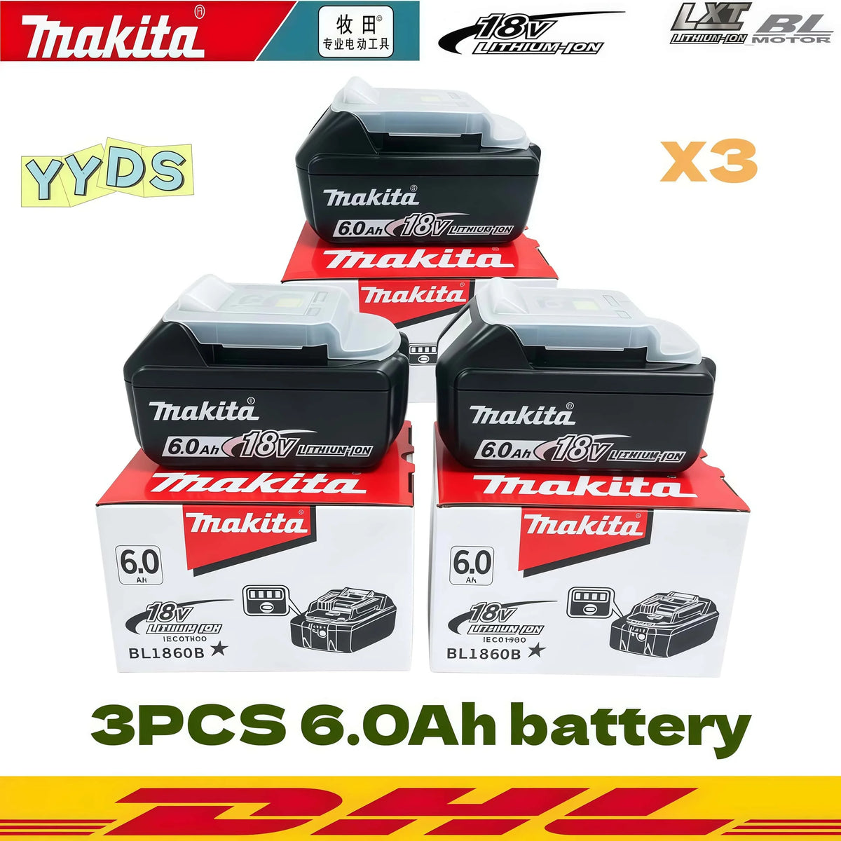 100% Genuine Makita 18V Battery Pack 18V 6Ah Makita Battery 18V Lithium Strip LED Power Indicator Light Shockproof Design