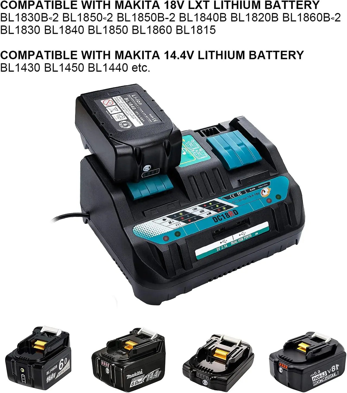 Dual Ports Lithium Battery Charger for Makita 14.4V-18V LXT 