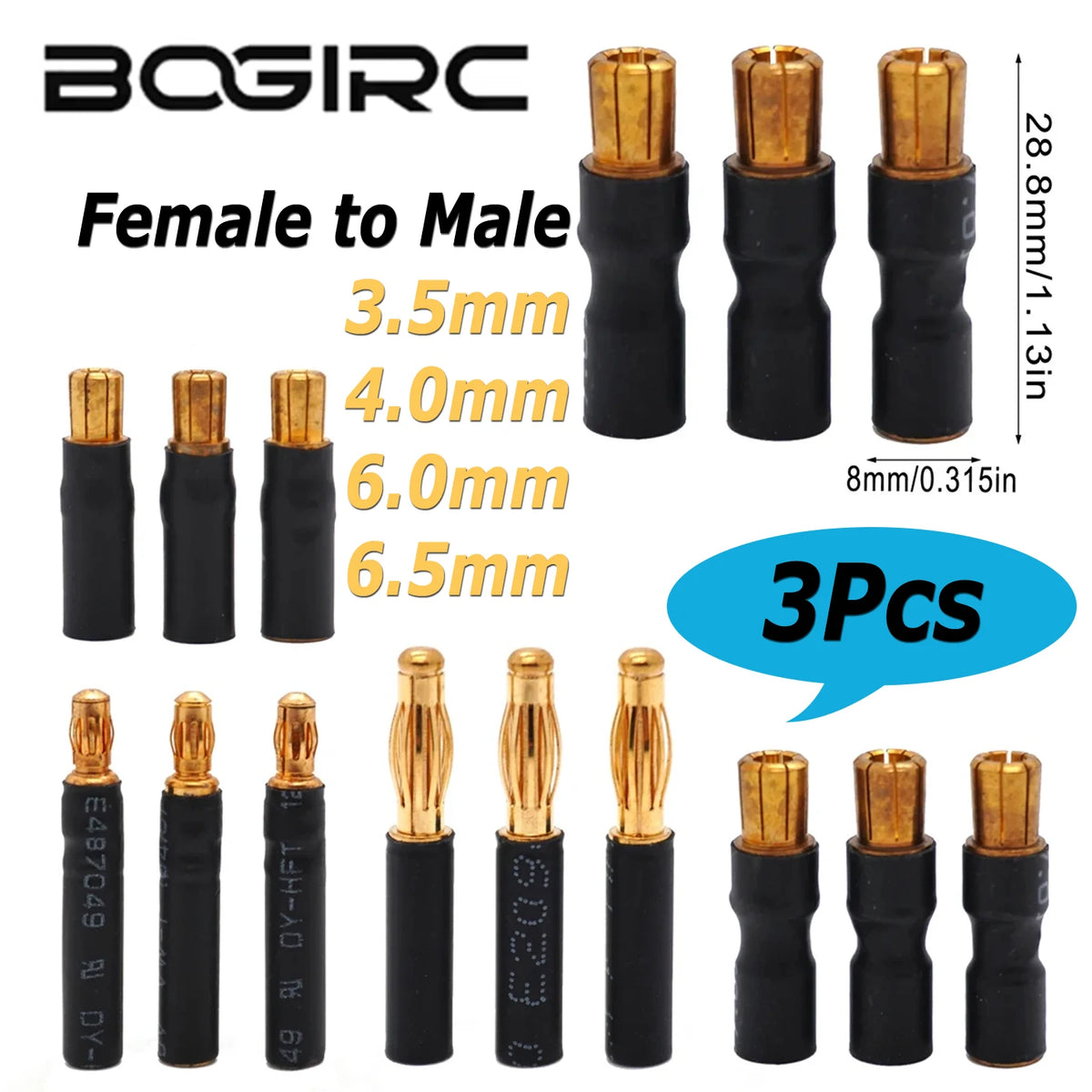 3PCS BOGIRC Male Female Gold Bullet 3.5mm/4.0mm/6.0mm/6.5mm 